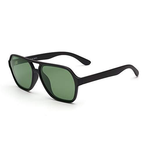 GLINDAR Pilot Polarisierte Sonnenbrille Männer Frauen Vintage Quadratische Fahrbrille mit Doppelbrücke (Mattschwarzer Rahmen/Polarisierte Grüne Linse) von GLINDAR