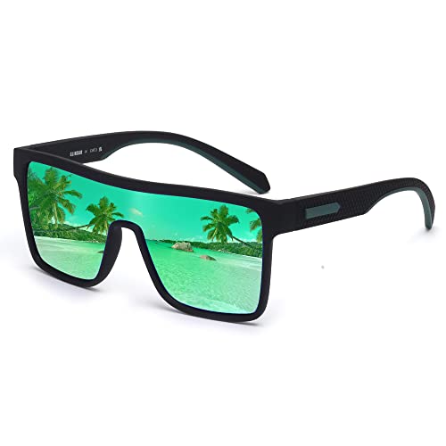 GLINDAR Polarized Shield Sonnenbrille für Männer Square Flat Top Sportbrille Schwarzer Rahmen/Grünes Spiegelglas von GLINDAR