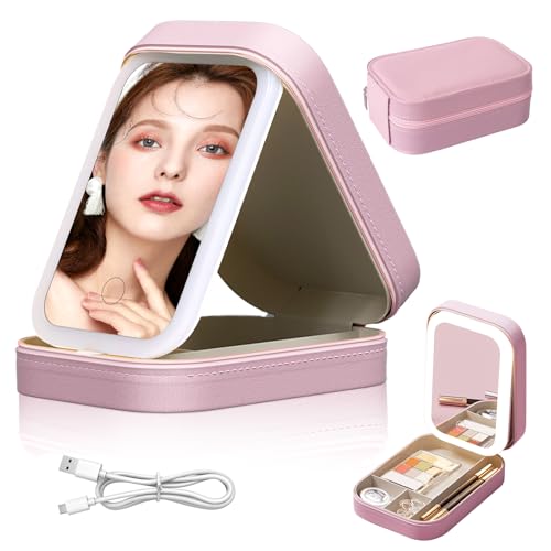 GLITZFAS Kosmetiktasche mit Spiegel, Make Up Tasche Schminktasche mit Beleuchtetem Spiegel 3 Farben LED Licht, Tragbar Kosmetikkoffer Schminkkoffer Reise Make-up Organizer mit Trennwänden (Rosa) von GLITZFAS