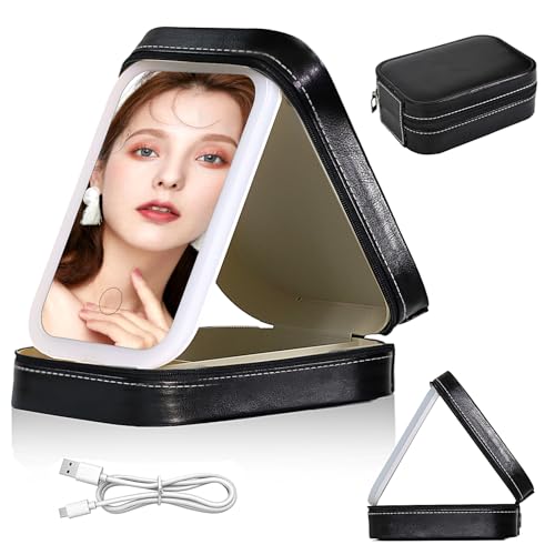 GLITZFAS Kosmetiktasche mit Spiegel, Make Up Tasche Schminktasche mit Beleuchtetem Spiegel 3 Farben LED Licht, Tragbar Kosmetikkoffer Schminkkoffer Reise Make-up Organizer mit Trennwänden (Schwarz) von GLITZFAS