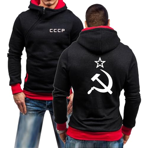 GLLUSA Farbblockierende Herren-Kapuzenpullover Für CCCP Mit Taschen Jacken Langarm-Sweatshirt Sportliche Oberteile Kapuzenpullover Mit Halbem Reißverschluss-Black Red||M von GLLUSA