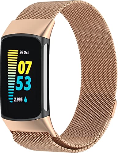 GLOBAL TECH Magnetisch Metall Armband Kompatibel mit Fitbit Charge 6/Fitbit Charge 5 Armband für Damen Herren, Verstellbares Metall Bänder für Fitbit Charge 6/Fitbit Charge 5 (Roségold) von GLOBAL TECH
