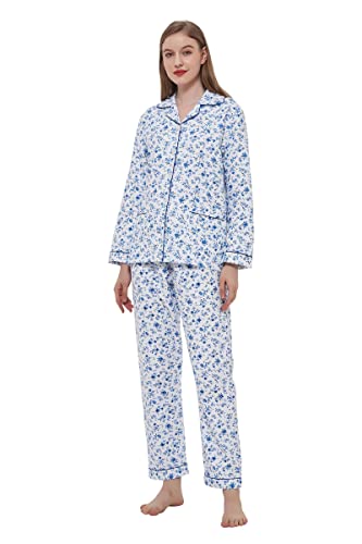 GLOBAL 100% Baumwolle Damen Pyjama Set Floral Langarm Button Down Lady Nachtwäsche Kordelzug Nachtwäsche Atmungsaktiv Weiche Flannel Damen Pjs Set S-XXL von GLOBAL