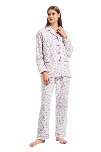 GLOBAL 100% Baumwolle Damen Pyjama Set Floral Langarm Button Down Lady Nachtwäsche Kordelzug Nachtwäsche Atmungsaktiv Weiche Flannel Damen Pjs Set S-XXL von GLOBAL