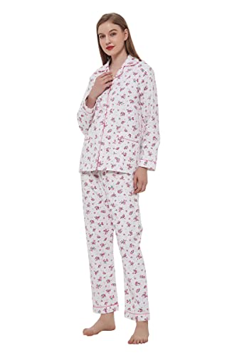 GLOBAL 100% Baumwolle Damen Pyjama Set Floral Langarm Button Down Lady Nachtwäsche Kordelzug Nachtwäsche Atmungsaktiv Weiche Flannel Damen Pjs Set S-XXL von GLOBAL