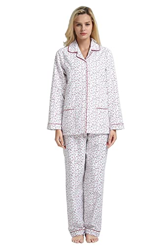 GLOBAL 100% Baumwolle Damen Pyjama Set Floral Langarm Button Down Lady Nachtwäsche Kordelzug Nachtwäsche Atmungsaktiv Weiche Flannel Damen Pjs Set S-XXL von GLOBAL