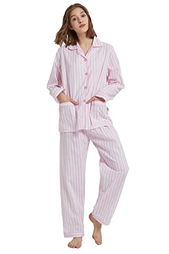 GLOBAL Damen Schlafanzug Baumwolle Damen Pyjama Set Lang Damen Zweiteiliger Nachtwäsche Komfortabel Loungewear Durchgeknöpft Oberteil & Hose Kordelzug Rosa Streifen L von GLOBAL