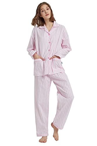 GLOBAL Damen Schlafanzug Baumwolle Damen Pyjama Set Lang Damen Zweiteiliger Nachtwäsche Komfortabel Loungewear Durchgeknöpft Oberteil & Hose Kordelzug Rosa Streifen XXL GLOBAL Damen Schlafanzug Baumwolle Damen Pyjama Set Lang Damen Zweiteiliger Nachtwäsche Komfortabel Loungewear Durchgeknöpft Oberteil & Hose Kordelzug Rosa Streifen XXL von GLOBAL