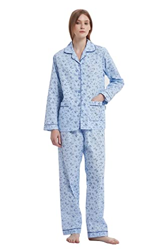 GLOBAL Damen-Pyjama-Set, 100% Baumwolle, Blumenmuster, langärmelig, mit Knöpfen, Nachtwäsche mit Kordelzug, weich und atmungsaktiv, Pyjama-Set für Damen PJS, Niedliche Blaue Blume, XL von GLOBAL