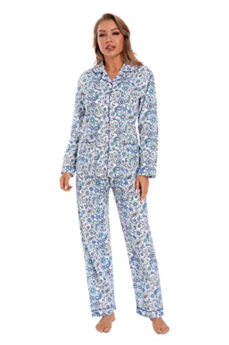 GLOBAL Damen Pyjama Set 100% Baumwolle Komfortable Schlafanzug Zweiteiliger Kordelzug Nachtwäsche Hausanzug für Frauen von GLOBAL