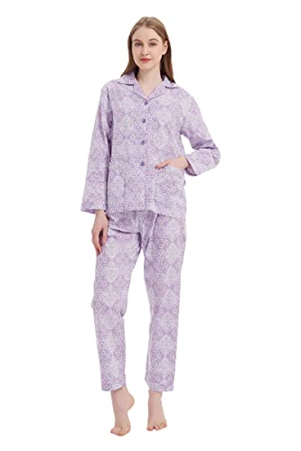 GLOBAL Damen-Pyjama-Set, 100% Baumwolle, Blumenmuster, langärmelig, mit Knöpfen, Nachtwäsche mit Kordelzug, weich und atmungsaktiv, Pyjama-Set für Damen PJS, Elegante lila Blume 2, 42 von GLOBAL