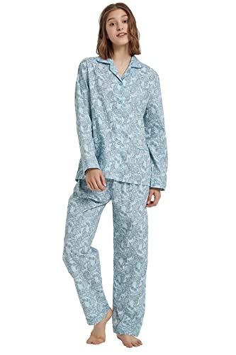 GLOBAL Damen Schlafanzug Baumwolle Damen Pyjama Set Lang Damen Zweiteiliger Nachtwäsche Komfortabel Loungewear Durchgeknöpft Oberteil & Hose Kordelzug Grünes Paisleymuster L von GLOBAL