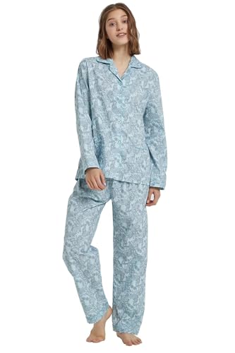 GLOBAL Damen-Pyjama-Set, 100% Baumwolle, Blumenmuster, langärmelig, mit Knöpfen, Nachtwäsche mit Kordelzug, weich und atmungsaktiv, Pyjama-Set für Damen PJS, Grünes Kaschmirmuster, 38 von GLOBAL