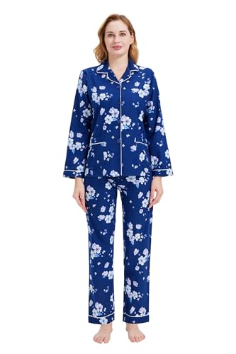 GLOBAL Damen Pyjama Set Lang Flanell Baumwoll Schlafanzug Blau XL von GLOBAL