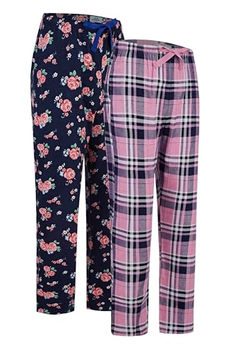 GLOBAL Damen Pyjamahose aus Flanell Baumwolle Schlafanzughose 2er Pack Blau Rosa Blumen Blau Rosa Karomuste XL von GLOBAL