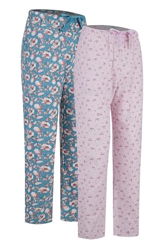 GLOBAL Damen Pyjamahose aus Flanell Baumwolle Schlafanzughose 2er Pack Grüne Rosa Blumen Rosa Blumen XL von GLOBAL