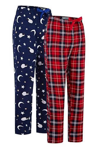 GLOBAL Damen Pyjamahose aus Flanell Baumwolle Schlafanzughose 2er Pack Marineblaues Schaf Rot Kariert M von GLOBAL