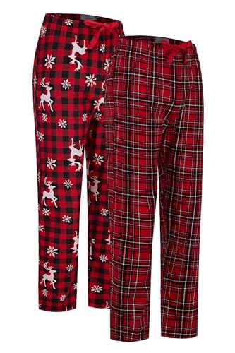 GLOBAL Damen Pyjamahose aus Flanell Baumwolle Schlafanzughose 2er Pack Rote Rentiere Rot Kariert XXL GLOBAL Damen Pyjamahose aus Flanell Baumwolle Schlafanzughose 2er Pack Rote Rentiere Rot Kariert XXL von GLOBAL