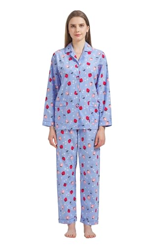 GLOBAL Damen Pyjamaset Baumwolle Schlafanzug Damen Lang Damen Zweiteiliger Nachtwäsche Komfortabel,Blau,Erdbeere,L von GLOBAL