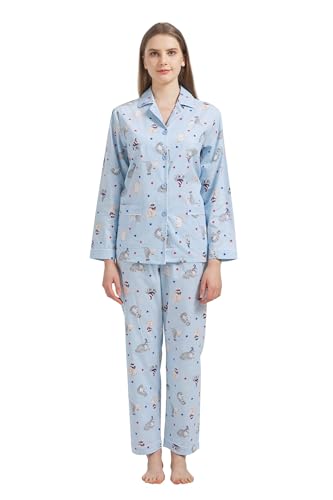 GLOBAL Damen Pyjamaset Baumwolle Schlafanzug Damen Lang Damen Zweiteiliger Nachtwäsche Komfortabel,Blau,Kätzchen,M von GLOBAL