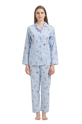 GLOBAL Damen Pyjamaset Baumwolle Schlafanzug Damen Lang Damen Zweiteiliger Nachtwäsche Komfortabel,Blau,Kätzchen,XL von GLOBAL