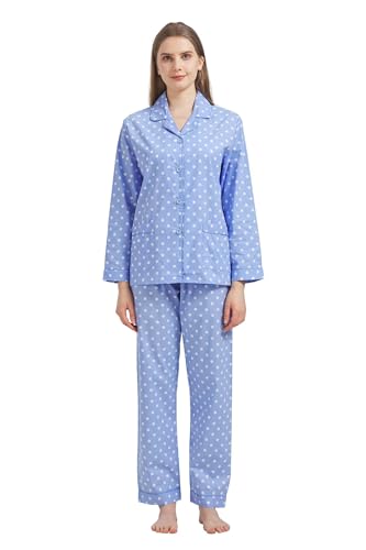 GLOBAL Damen Pyjamaset Baumwolle Schlafanzug Damen Lang Damen Zweiteiliger Nachtwäsche Komfortabel,Blau mit weißen Punkten,L von GLOBAL