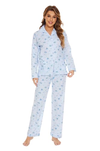GLOBAL Damen Pyjamaset Baumwolle Schlafanzug Damen Lang Damen Zweiteiliger Nachtwäsche Komfortabel,Blaue Blume,XL von GLOBAL