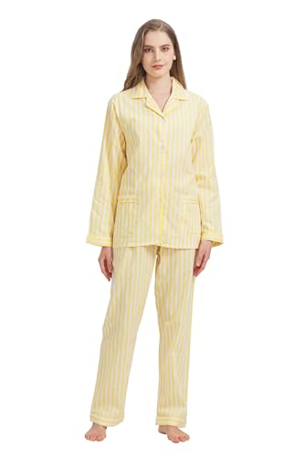GLOBAL Damen Pyjamaset Baumwolle Schlafanzug Damen Lang Damen Zweiteiliger Nachtwäsche Komfortabel,Gelber Streifen,S von GLOBAL