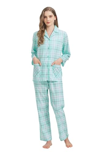 GLOBAL Damen Pyjamaset Baumwolle Schlafanzug Damen Lang Damen Zweiteiliger Nachtwäsche Komfortabel,Grüner Tartan,XL von GLOBAL