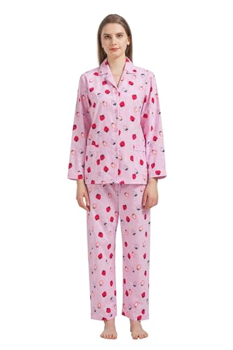 GLOBAL Damen Pyjamaset Baumwolle Schlafanzug Damen Lang Damen Zweiteiliger Nachtwäsche Komfortabel,Rosa,Erdbeere,M von GLOBAL