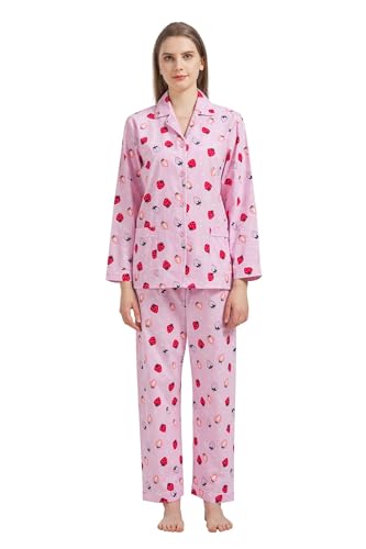 GLOBAL Damen Pyjamaset Baumwolle Schlafanzug Damen Lang Damen Zweiteiliger Nachtwäsche Komfortabel,Rosa,Erdbeere,S von GLOBAL