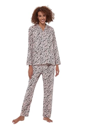 GLOBAL Damen Pyjamaset Baumwolle Schlafanzug Damen Lang Damen Zweiteiliger Nachtwäsche Komfortabel,Rosa Leopard,M von GLOBAL
