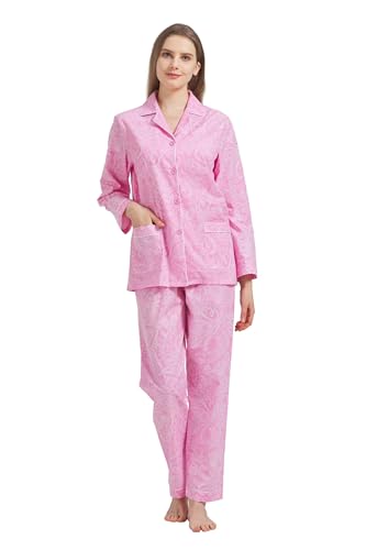 GLOBAL Damen Pyjamaset Baumwolle Schlafanzug Damen Lang Damen Zweiteiliger Nachtwäsche Komfortabel,Rosa Peris Muster,L von GLOBAL