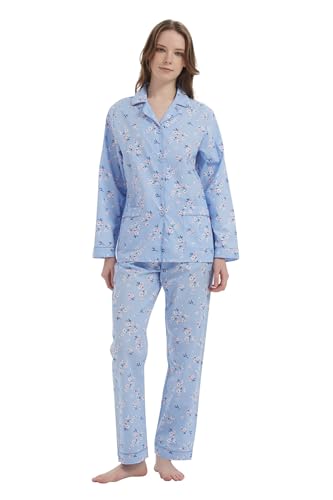 GLOBAL Damen Pyjamaset Baumwolle Schlafanzug Damen Lang Damen Zweiteiliger Nachtwäsche Komfortabel Blau L von GLOBAL