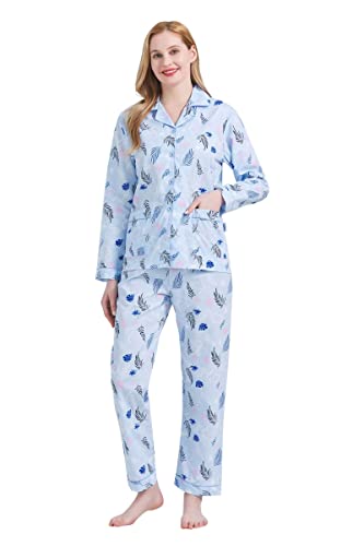 GLOBAL Damen Pyjamaset Baumwolle Schlafanzug Damen Lang Damen Zweiteiliger Nachtwäsche Komfortabel Blaue Blätter L von GLOBAL