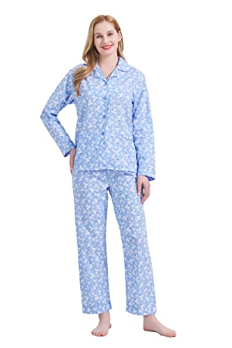 GLOBAL Damen Pyjamaset Baumwolle Schlafanzug Damen Lang Damen Zweiteiliger Nachtwäsche Komfortabel Blaue Blume XL von GLOBAL