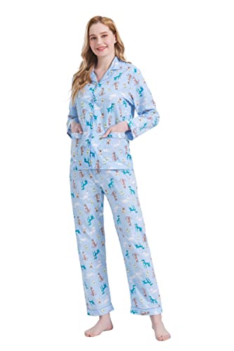 GLOBAL Damen Pyjamaset Baumwolle Schlafanzug Damen Lang Damen Zweiteiliger Nachtwäsche Komfortabel Blauer süßer S von GLOBAL