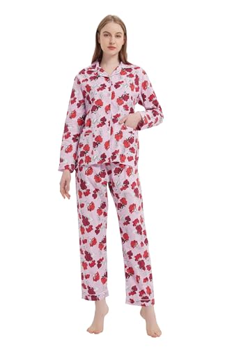GLOBAL Damen Pyjamaset Baumwolle Schlafanzug Damen Lang Damen Zweiteiliger Nachtwäsche Komfortabel L von GLOBAL