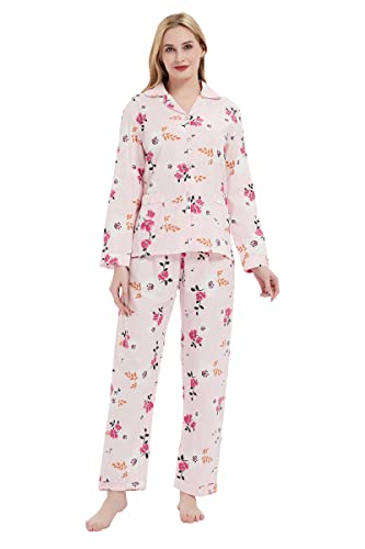 GLOBAL Damen Pyjamaset Baumwolle Schlafanzug Damen Lang Damen Zweiteiliger Nachtwäsche Komfortabel Rosa Blume L von GLOBAL