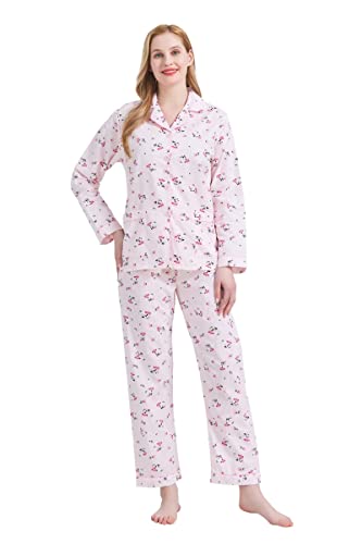 GLOBAL Damen Pyjamaset Baumwolle Schlafanzug Damen Lang Damen Zweiteiliger Nachtwäsche Komfortabel Rosa Blume L von GLOBAL