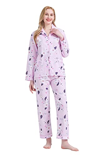 GLOBAL Damen Pyjamaset Baumwolle Schlafanzug Damen Lang Damen Zweiteiliger Nachtwäsche Komfortabel Rosa Blume L von GLOBAL