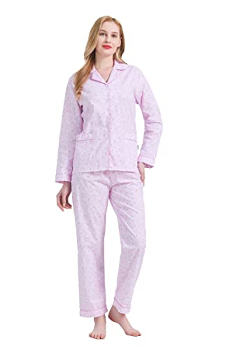 GLOBAL Damen Pyjamaset Baumwolle Schlafanzug Damen Lang Damen Zweiteiliger Nachtwäsche Komfortabel Rosa Blume S von GLOBAL
