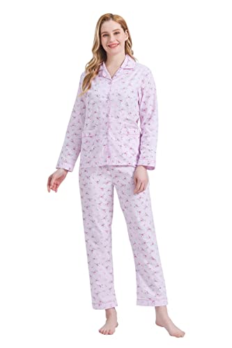 GLOBAL Damen Pyjamaset Baumwolle Schlafanzug Damen Lang Damen Zweiteiliger Nachtwäsche Komfortabel Rosa Blume S von GLOBAL