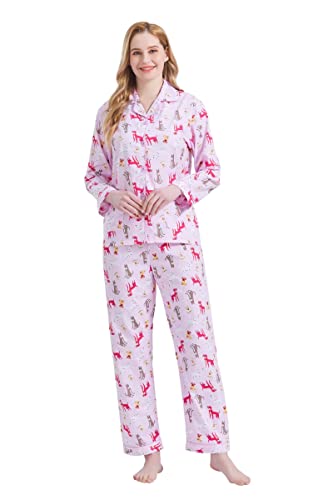 GLOBAL Damen Pyjamaset Baumwolle Schlafanzug Damen Lang Damen Zweiteiliger Nachtwäsche Komfortabel Rosa süßer Hund XL von GLOBAL