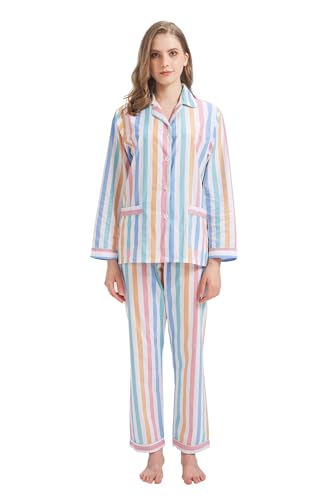GLOBAL Damen Pyjamaset Baumwolle Schlafanzug Damen Lang Damen Zweiteiliger Nachtwäsche Komfortabel Streifen XXL von GLOBAL