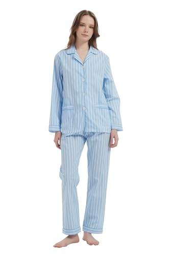 GLOBAL Damen Pyjamaset Baumwolle Schlafanzug Damen Lang Damen Zweiteiliger Nachtwäsche Komfortabel Blau XL von GLOBAL