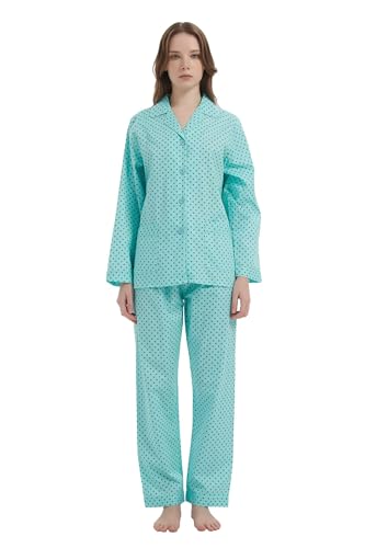GLOBAL Damen Pyjamaset Baumwolle Schlafanzug Damen Lang Damen Zweiteiliger Nachtwäsche Komfortabel Grün L von GLOBAL