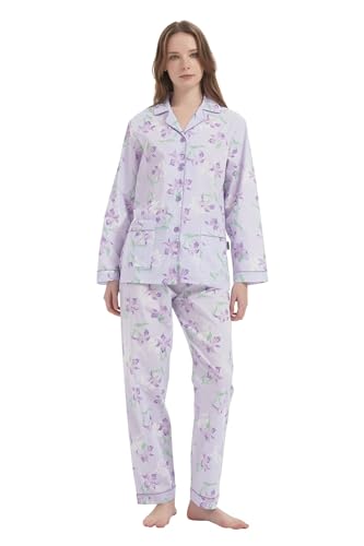 GLOBAL Damen Pyjamaset Baumwolle Schlafanzug Damen Lang Damen Zweiteiliger Nachtwäsche Komfortabel Lila M von GLOBAL
