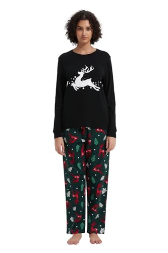 GLOBAL Damen Schlafanzüge Flanell Damen Pyjama Set Baumwolle Langarm-Pullover Oberteil und elastische Unterteile mit Kordelzug Weich Bequem Grünes, Rotes Weihnachtsrentie XL von GLOBAL