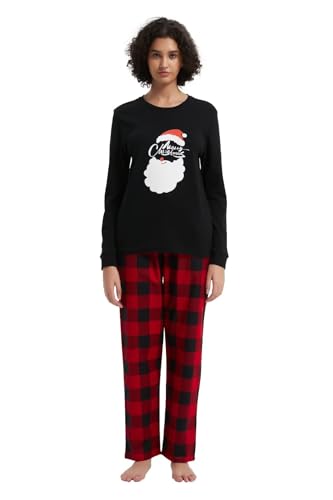 GLOBAL Damen Schlafanzüge Flanell Damen Pyjama Set Baumwolle Langarm-Pullover Oberteil und elastische Unterteile mit Kordelzug Weich Bequem Rot Schwarz Kariert XXL von GLOBAL